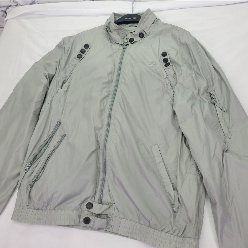 Junk De Luxe Men's Windbreaker Jacket Bomber Gray Silver 100% Nylon Size Large - Picture 3 of 9